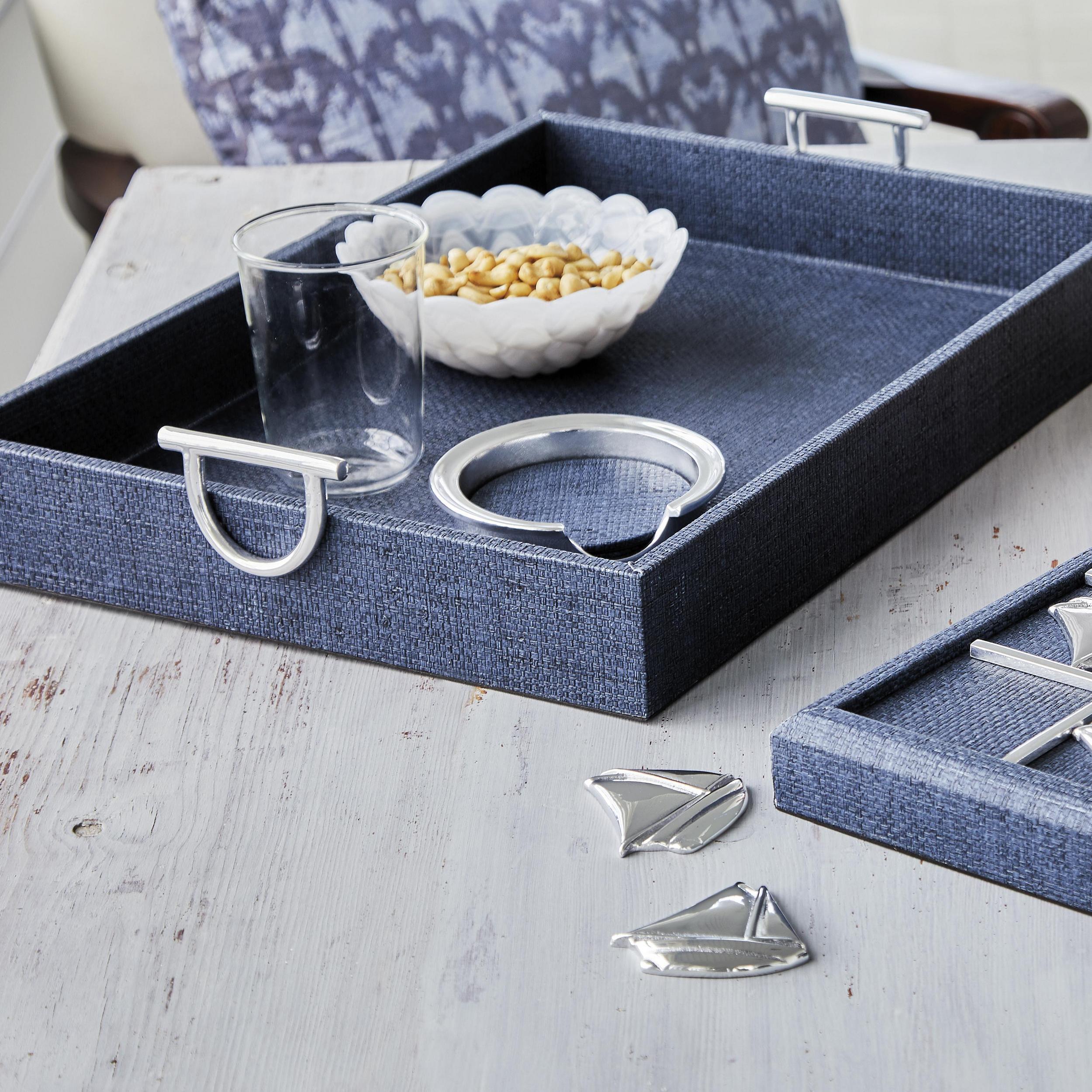 Indigo Faux Grasscloth Tray with Metal Handles – Mariposa
