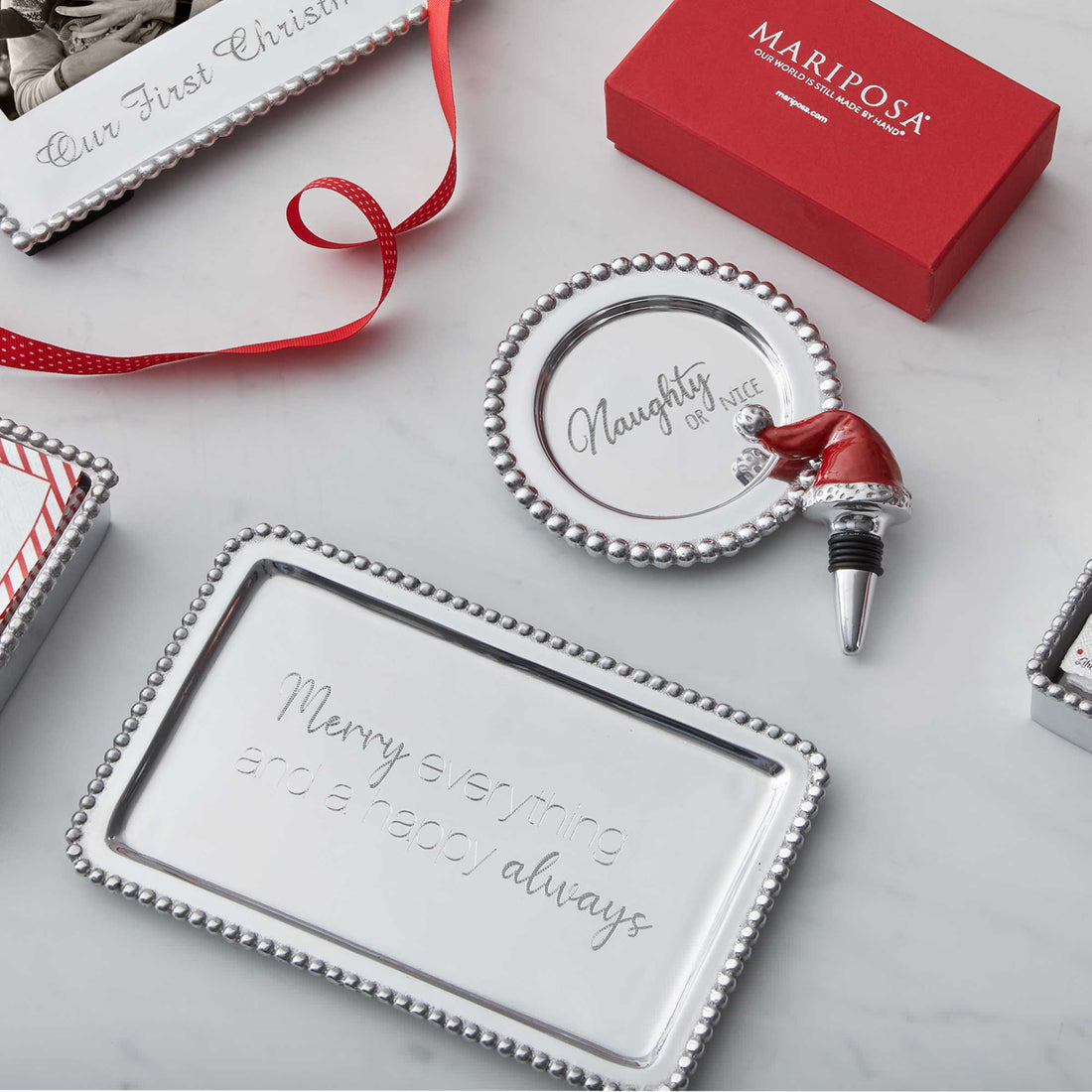 Red Santa Hat & Naughty or Nice Wine Plate Gift Set-Wine Accessories | Mariposa