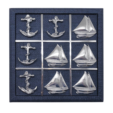 Sailboat & Anchor Indigo Blue Faux Grass Cloth Tic Tac Toe Set-Games | Mariposa