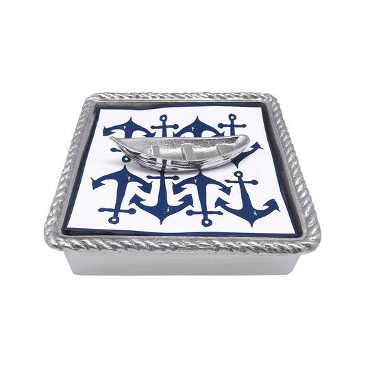 mariposa napkin box with dory boat and white and blue anchor napkins