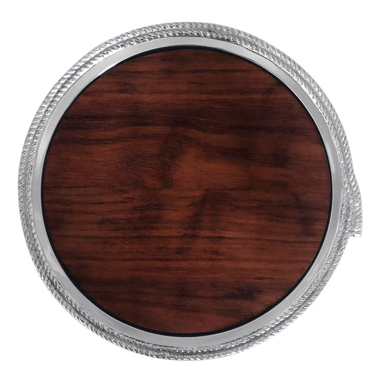 round metal cheeseboard with dark wood insert