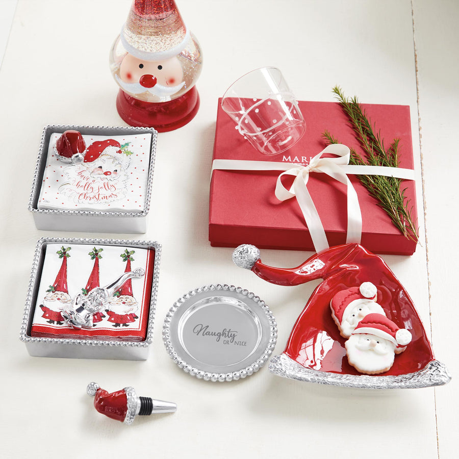 Red Santa Hat Beaded Napkin Box-Napkin Box & Weight Set | Mariposa