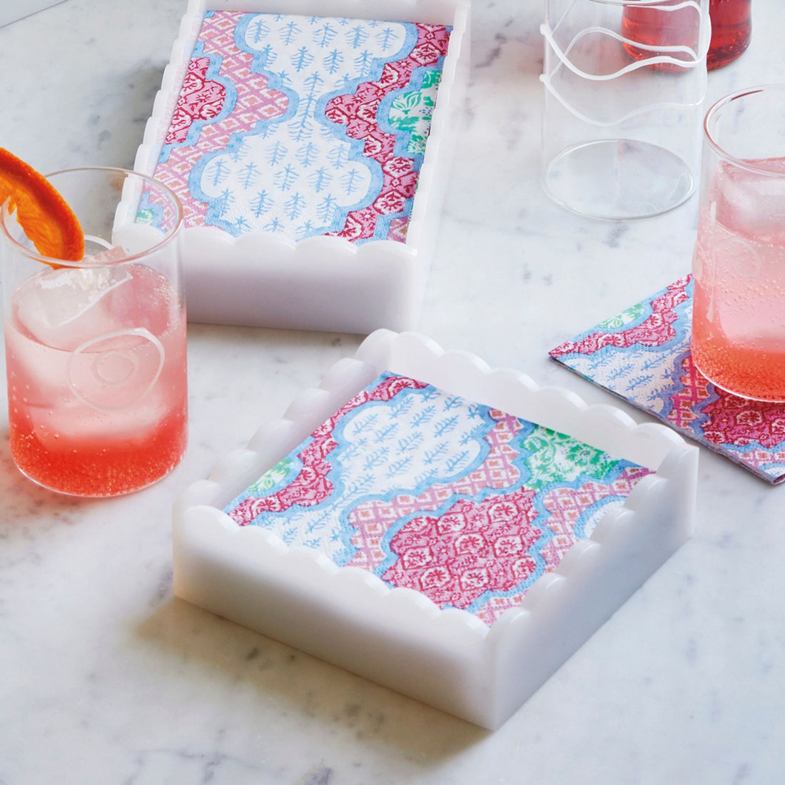 Provençal Cotton Pink White Scalloped Cocktail Napkin Box Set