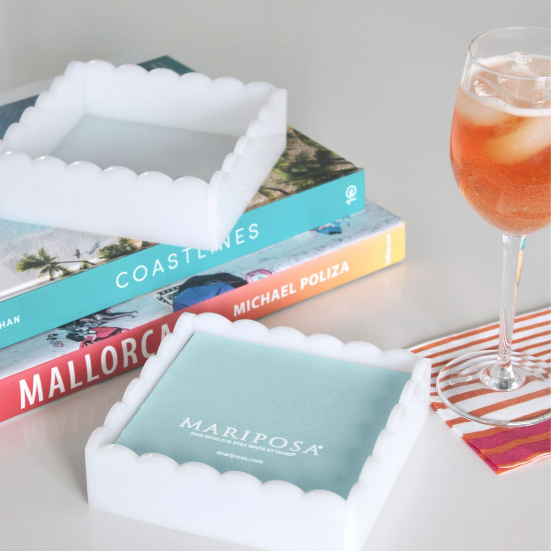 White Scalloped Cocktail Napkin Box with Insert