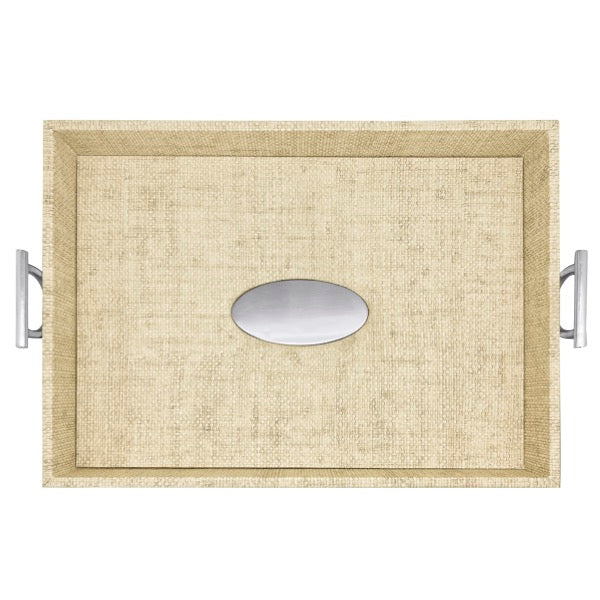 Medallion Sand Faux Grasscloth Tray with Metal Handles