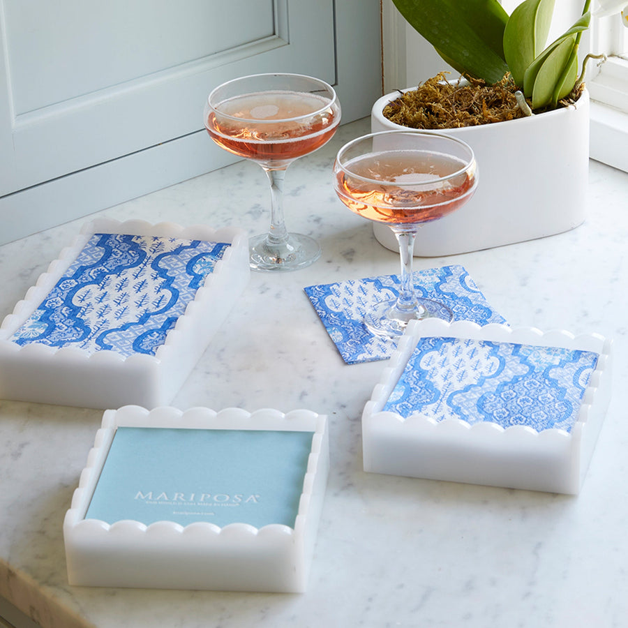 Provençal Cotton Blue White Scalloped Cocktail Napkin Box Set