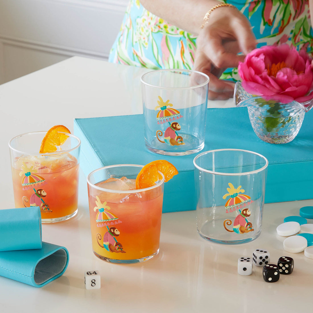 Monkeys and Parasols Suite of 4 Double Old Fashioned Glasses