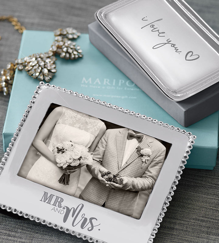 "mr. and mrs." beaded frame and "i love you" signature tray