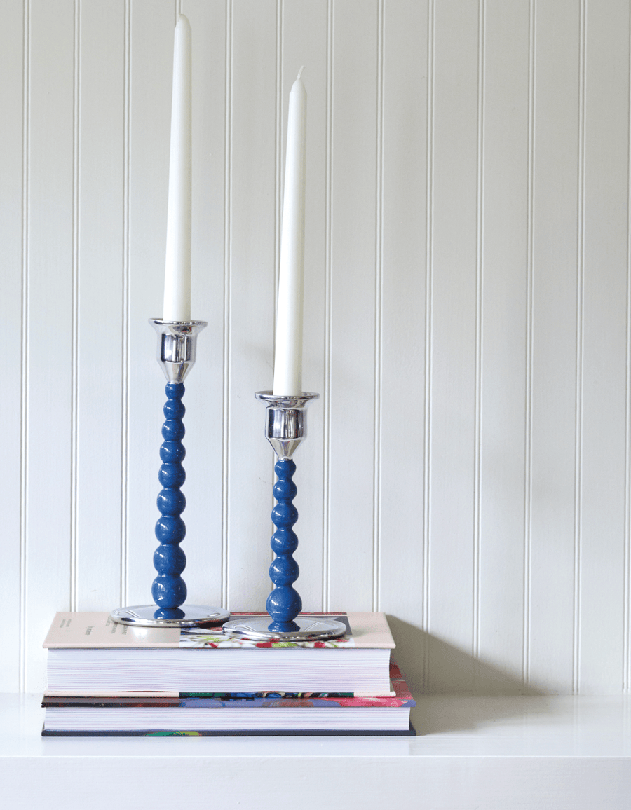 Blue Pearled Small Candlestick Set
