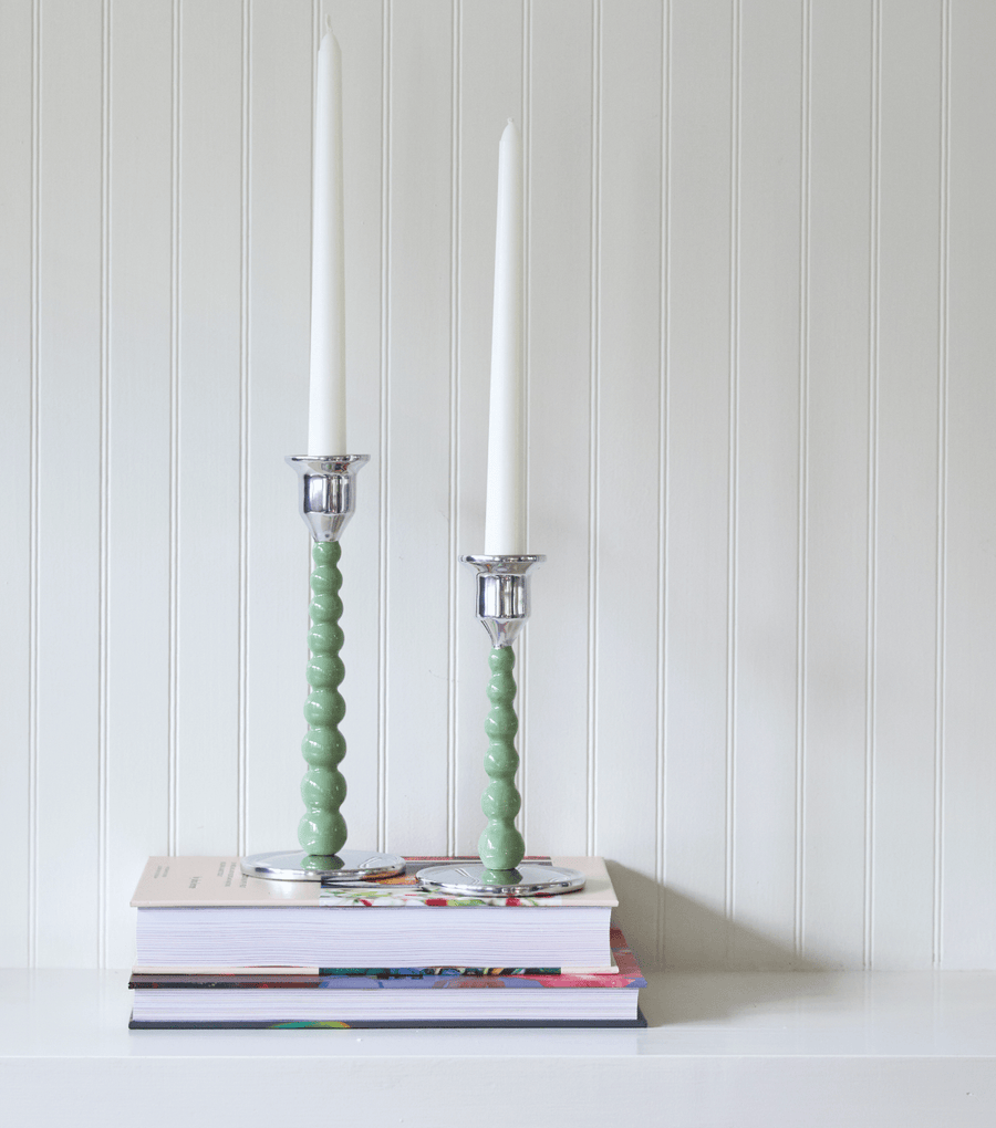 Green Pearled Small Candlestick Set
