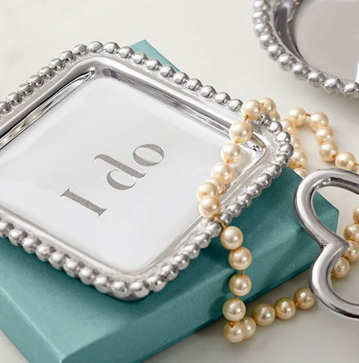 "i do" square tray on mariposa gift box with pearls