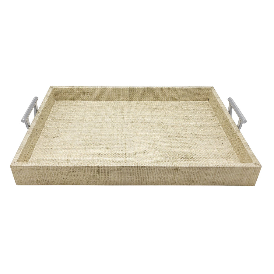 Sand Faux Grass Cloth Tray with Metal Handles-Serving Trays and More | Mariposa