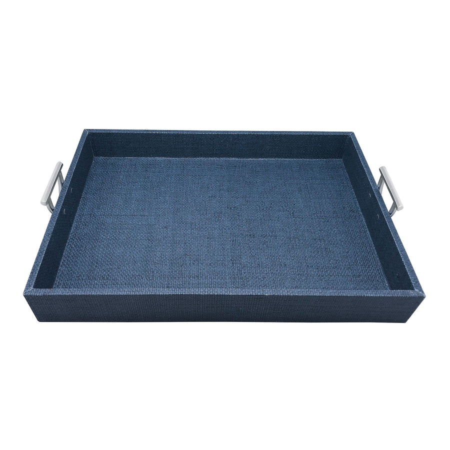 Indigo Faux Grass Cloth Tray with Metal Handles-Serving Trays and More | Mariposa