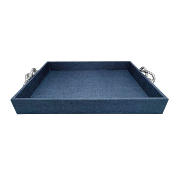 Indigo Faux Grasscloth Tray with Rope Metal Handles- | Mariposa