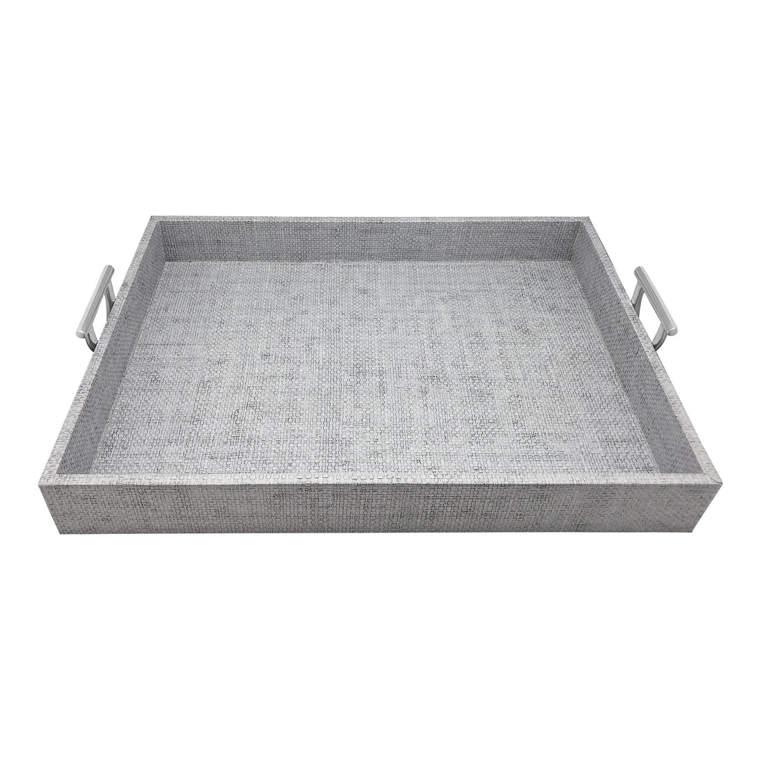 Pale Gray Faux Grass Cloth Tray with Metal Handles-Serving Trays and More | Mariposa
