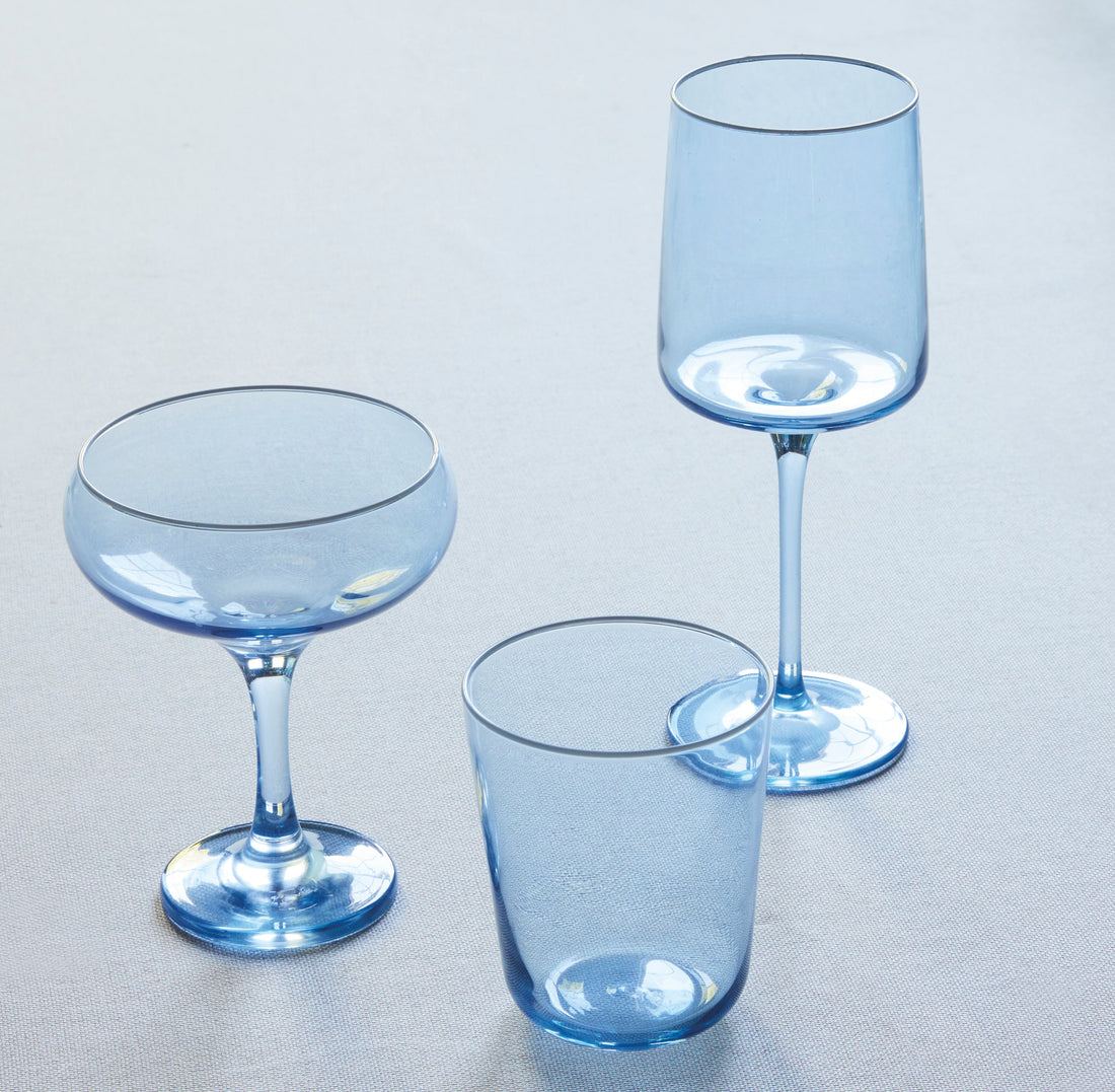 Two Bubble Bottom Blue Stemless Martini Glasses