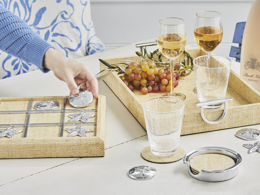 Sand Faux Grass Cloth Tray with Metal Handles-Serving Trays and More | Mariposa